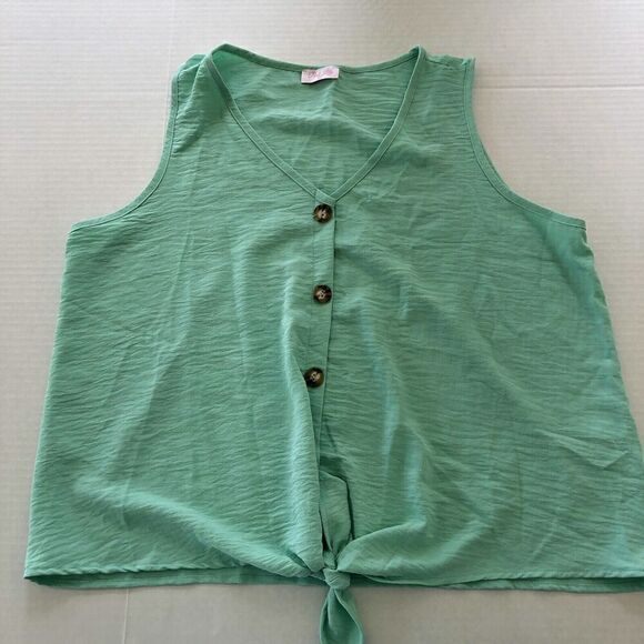 Pink Lily Green Button Front Tie Waist Tank Top Women’s 3XL A3067 - Picture 1 of 4
